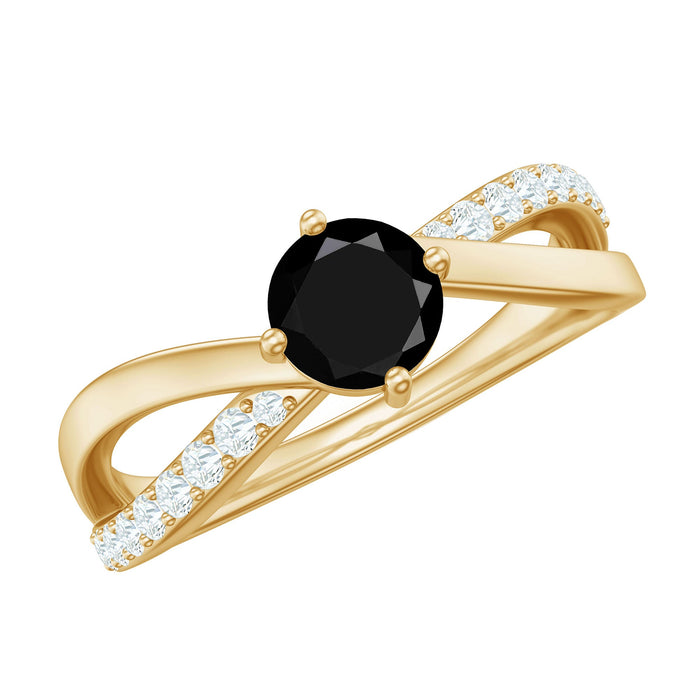 Black spinel promise ring with diamond accent, crafted by Rosec Jewels, featuring a sleek silver band and intricate detailing.