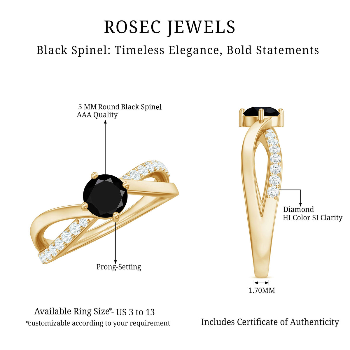 Certified real black spinel promise ring with diamond accents, set in a elegant Rosec Jewels ring design.