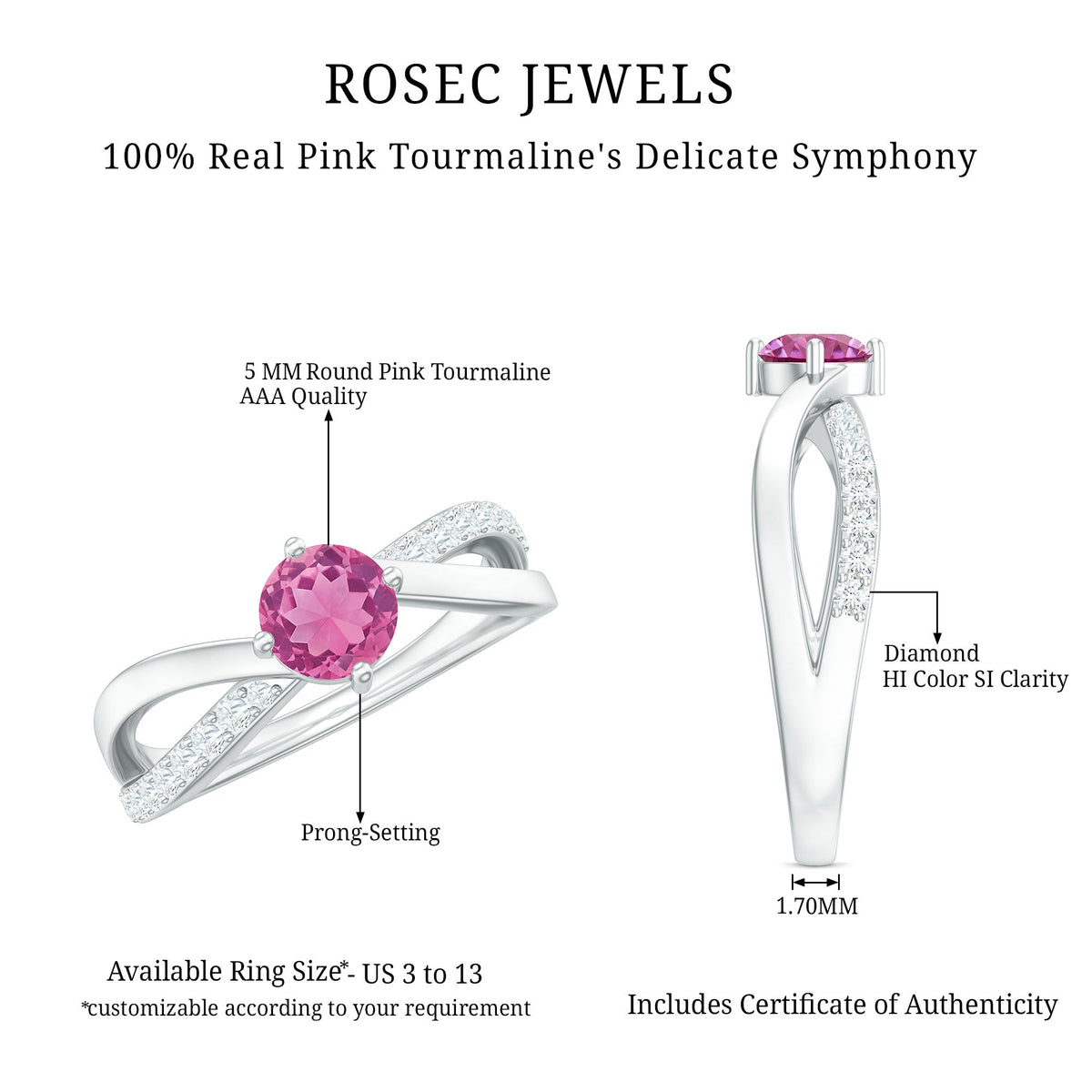 Rosec Jewels 1/2 CT pink tourmaline and diamond infinity ring, showcasing a solitaire pink tourmaline center stone with diamond accents.