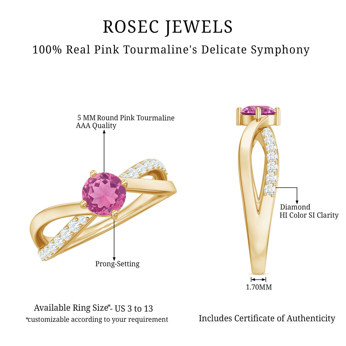 Pink tourmaline and diamond infinity ring from Rosec Jewels, featuring a 1/2 carat solitaire pink tourmaline set in a delicate band.