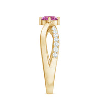 Pink tourmaline solitaire and diamond infinity ring by Rosec Jewels, showcasing a 1/2 ct pink gemstone with sparkling diamonds.