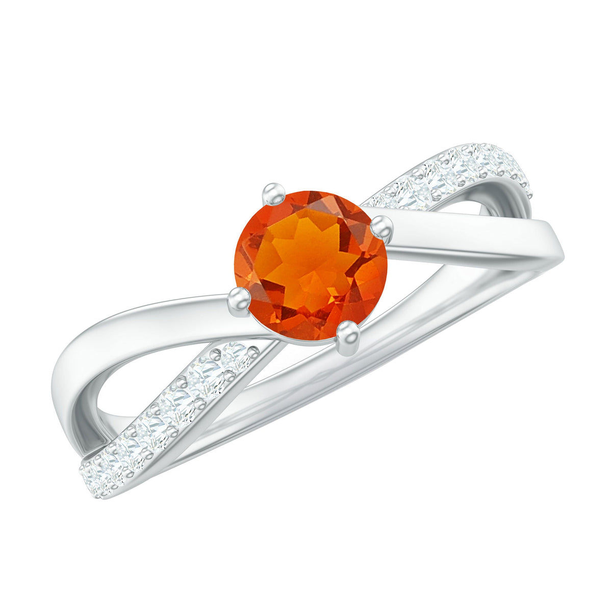 Rosec Jewels 1/2 CT fire opal solitaire and diamond infinity ring with gold band, showcasing the vibrant fire opal and sparkling diamonds.