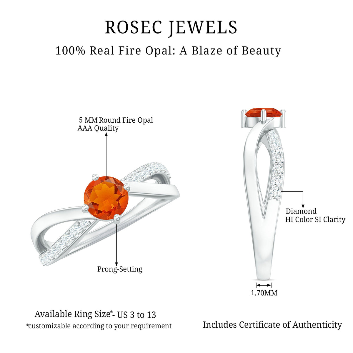 Rosec Jewels 1/2 CT fire opal solitaire and diamond infinity ring with intricate band design, displayed on a white background.