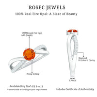 Rosec Jewels 1/2 CT fire opal solitaire and diamond infinity ring with intricate band design, displayed on a white background.