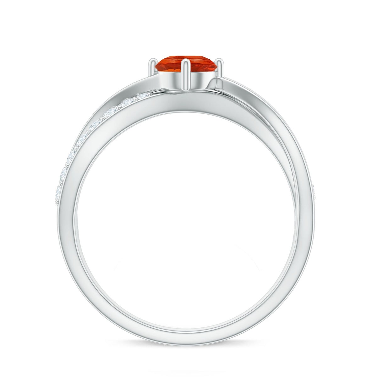 Rosec Jewels fire opal solitaire and diamond infinity ring featuring a 1/2 carat fire opal and sparkling diamonds on a sleek band