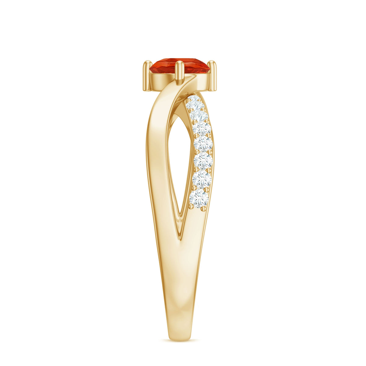 Rosec Jewels 1/2 CT fire opal solitaire and diamond infinity ring featuring a vibrant fire opal centerpiece and sparkling diamond accents.