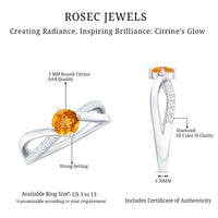 Certified real citrine engagement ring with diamond criss-cross shank, featuring a central citrine gemstone and intricate band design.