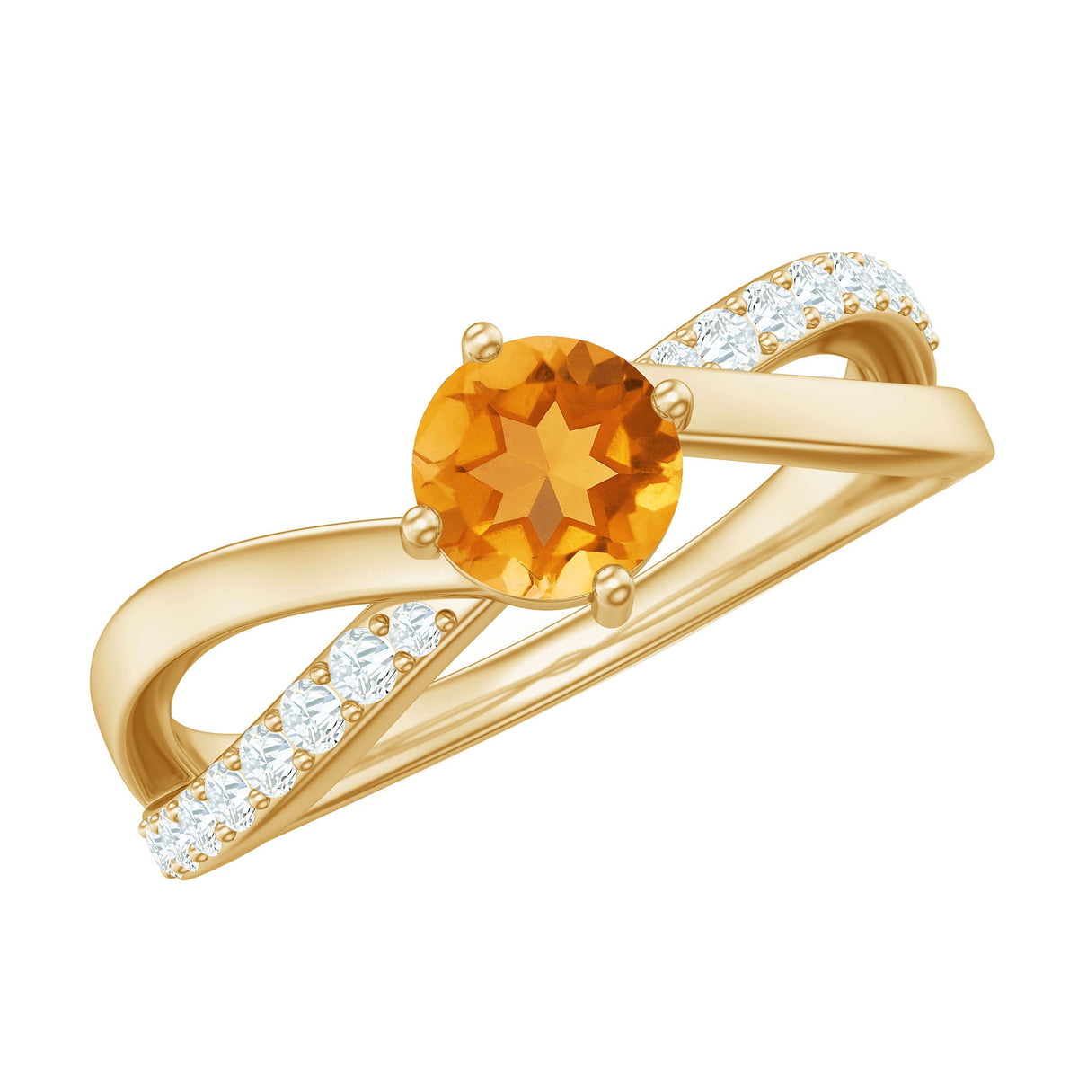 Certified real citrine engagement ring with diamond criss-cross shank, featuring a large central citrine gemstone and intricate band details.