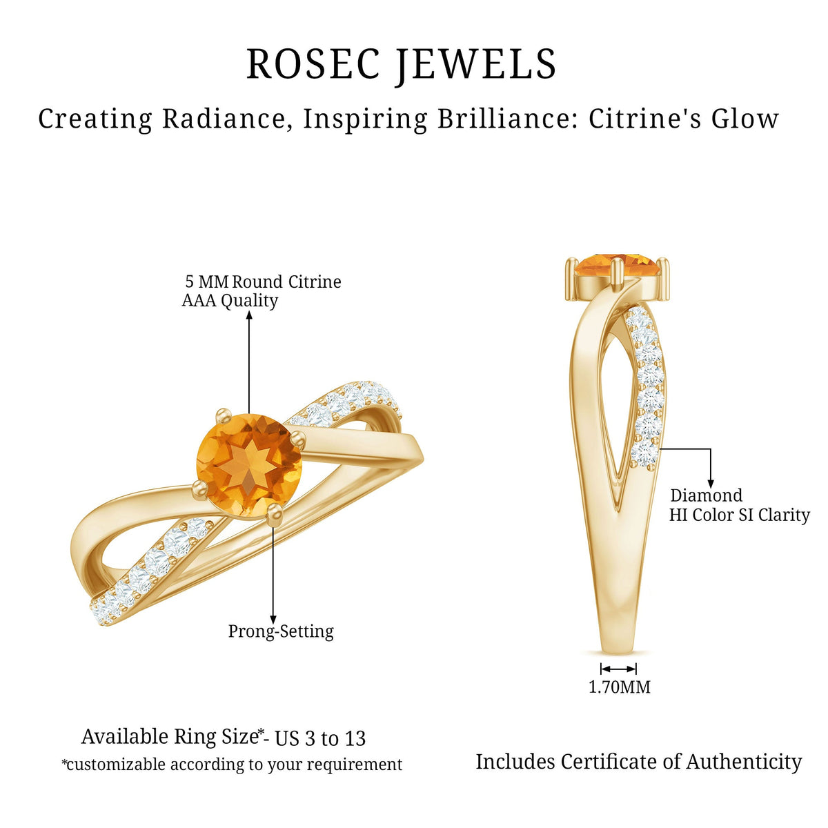 Certified real citrine engagement ring with diamond criss-cross shank, featuring a sparkling citrine gemstone and intricate band design.