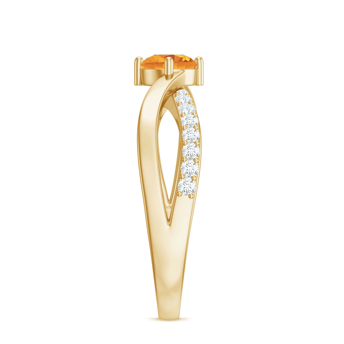 Rosec Jewels certified real citrine engagement ring with diamond criss-cross shank, showcasing a vibrant yellow gemstone and intricate band design.