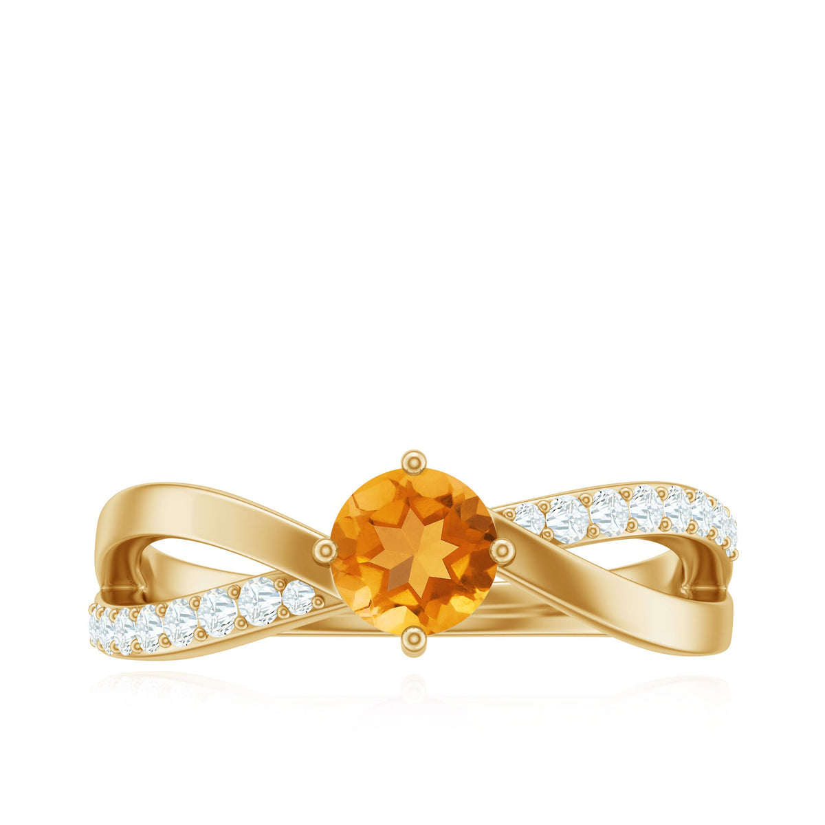Certified real citrine engagement ring with diamond criss-cross shank, featuring a central yellow gemstone and intricate band design.