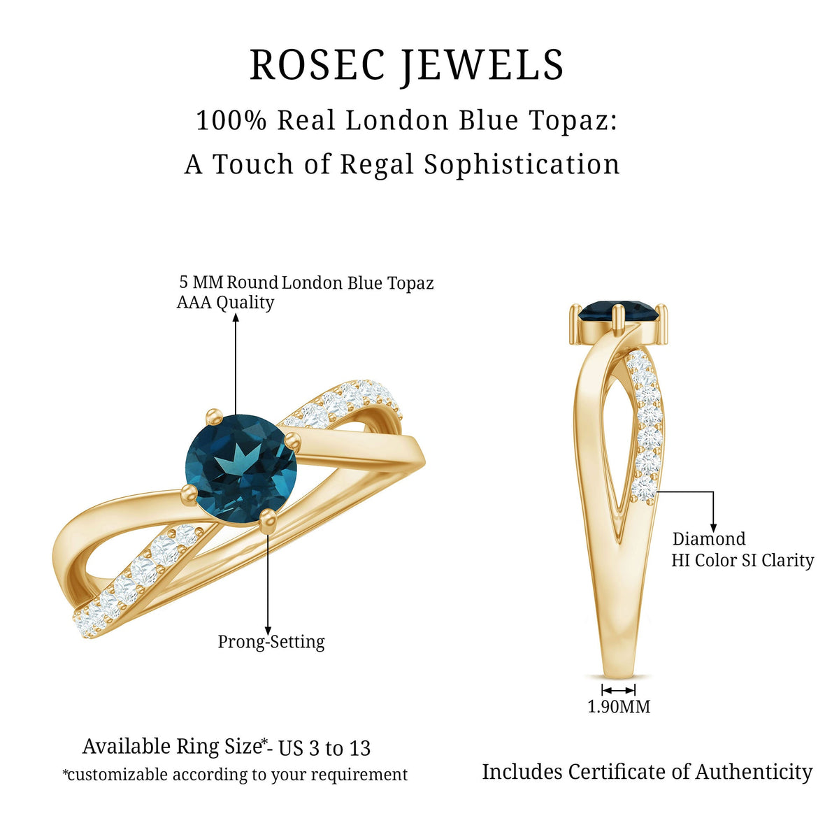 Rosec Jewels London Blue Topaz proposal ring with diamond accents, featuring a vibrant blue gemstone and elegant band detail.
