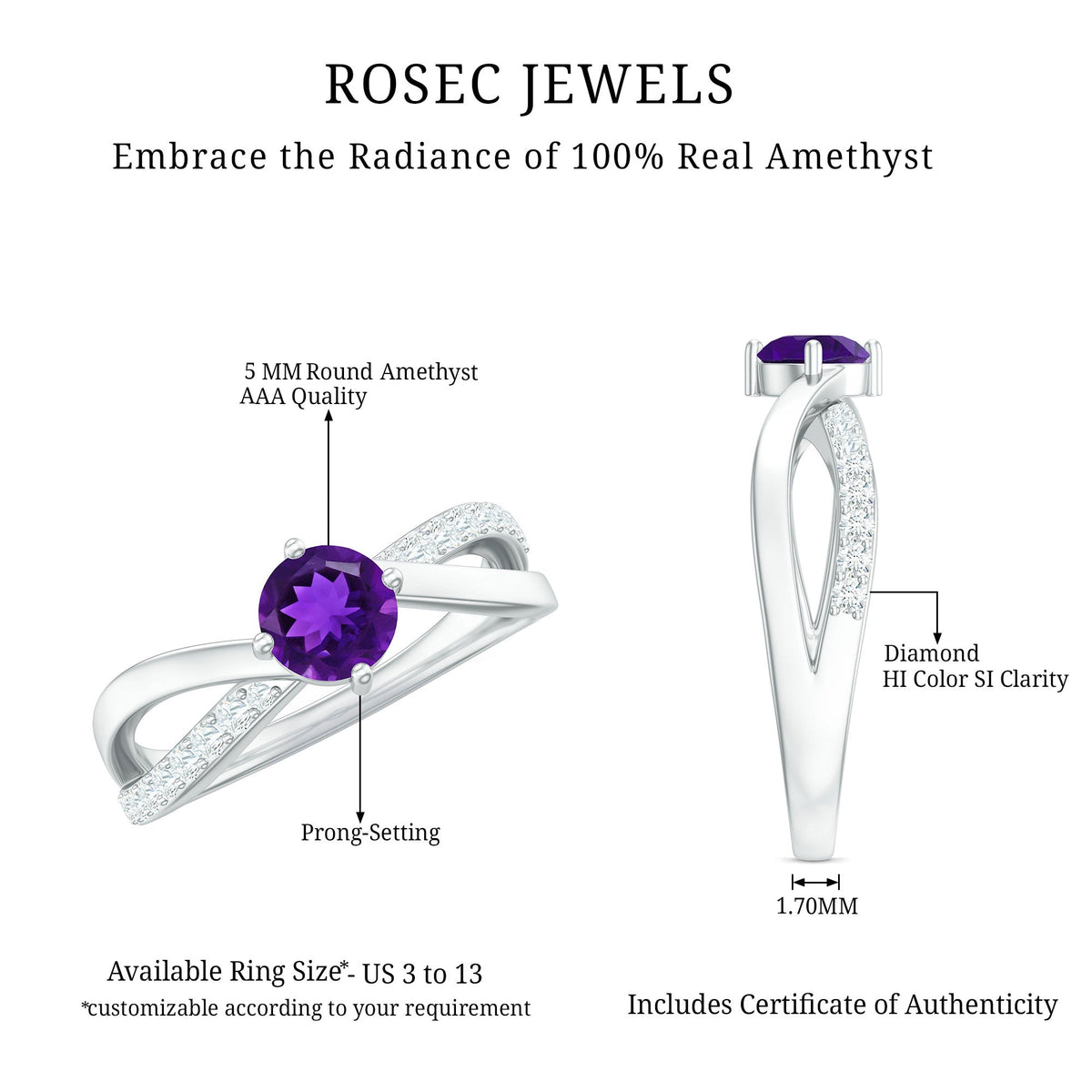 Real amethyst and diamond infinity engagement ring for women by Rosec Jewels, featuring a stunning purple gemstone and elegant design.