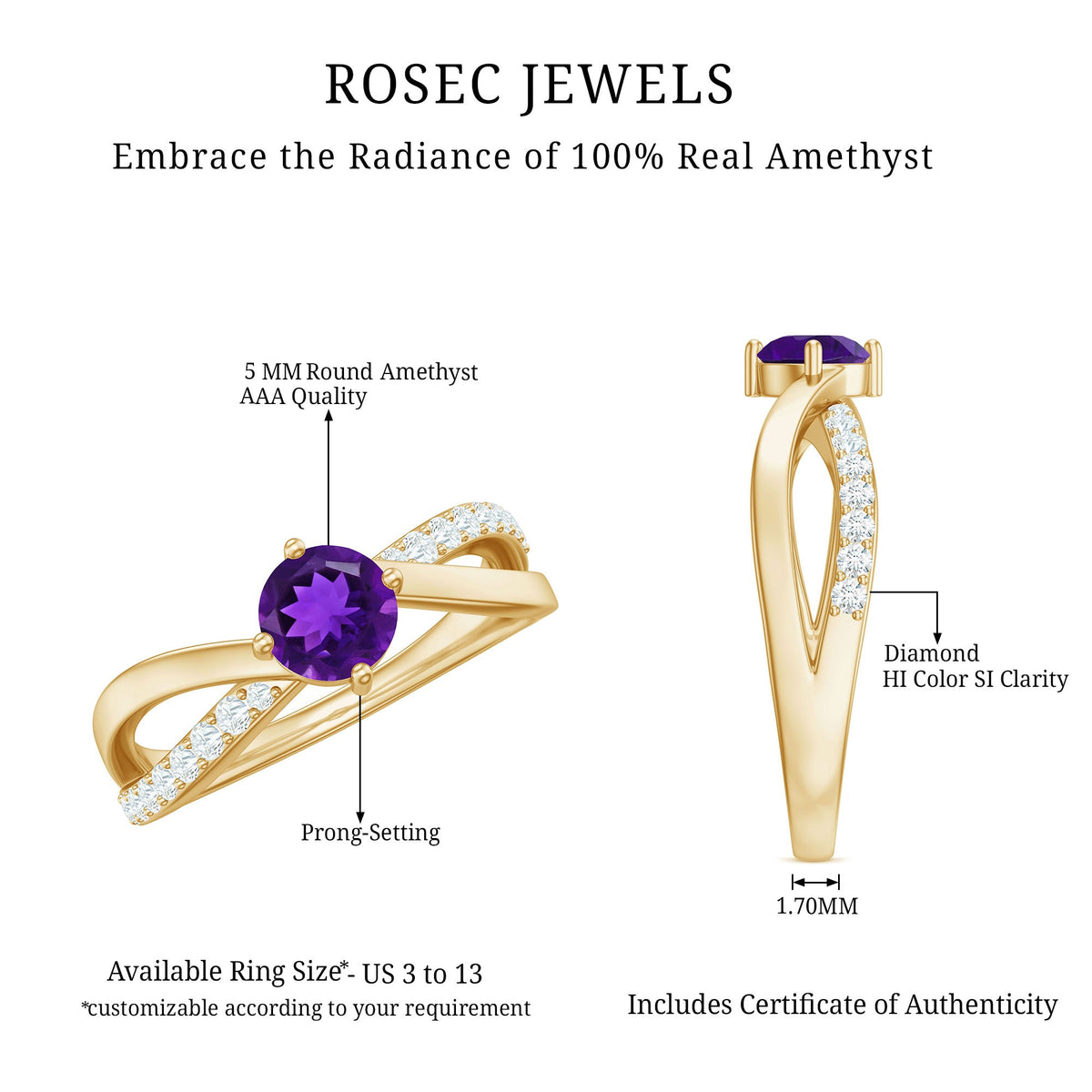 Real amethyst diamond infinity engagement ring for women featuring a rose gold band and sparkling gemstones from Rosec Jewels.