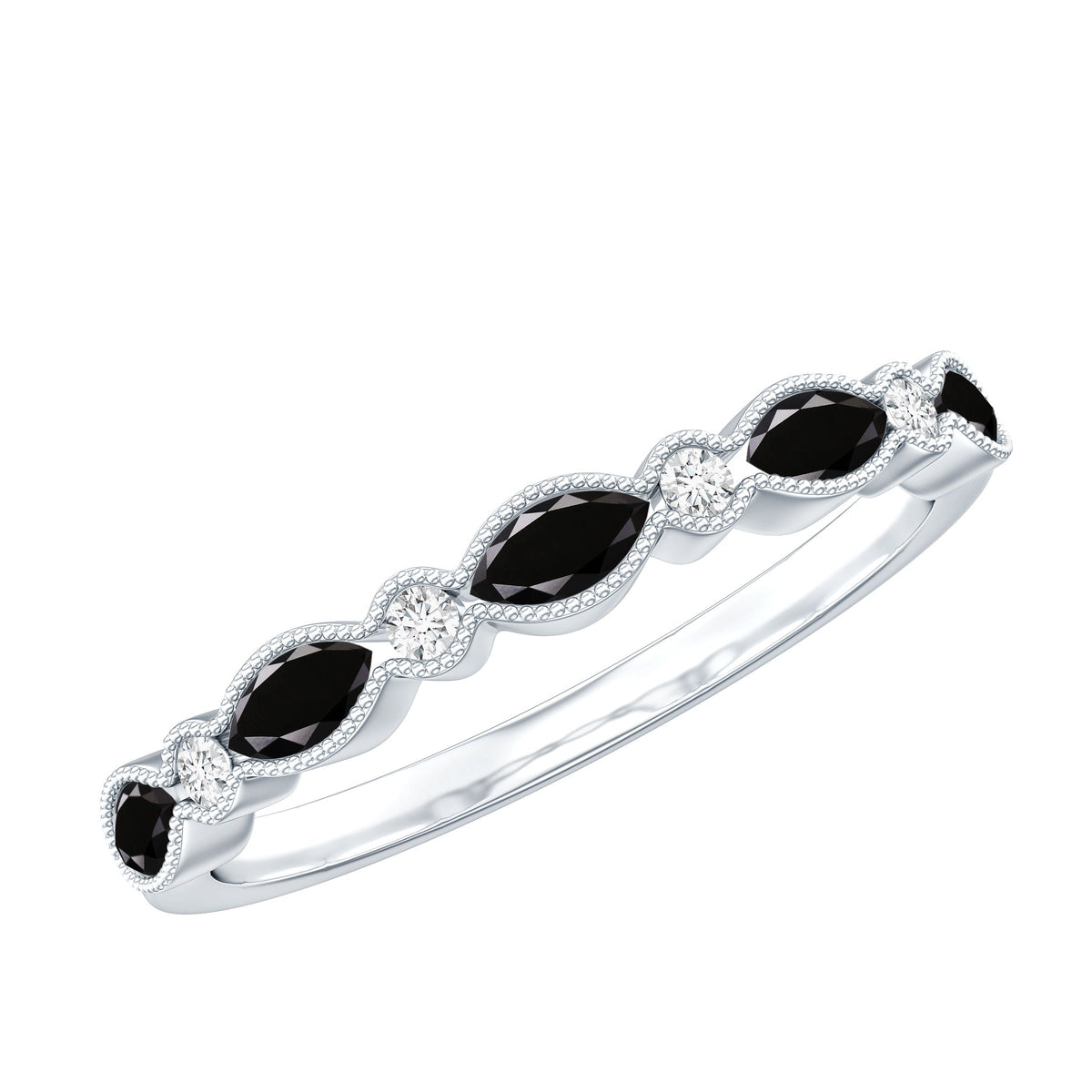 Natural marquise cut black onyx half eternity ring by Rosec Jewels featuring a continuous row of polished black onyx gemstones.