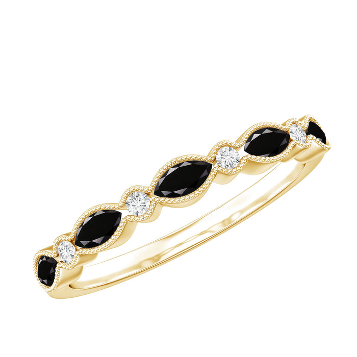 Certified black onyx half eternity ring by Rosec Jewels featuring sparkling moissanite accents on a sleek band.