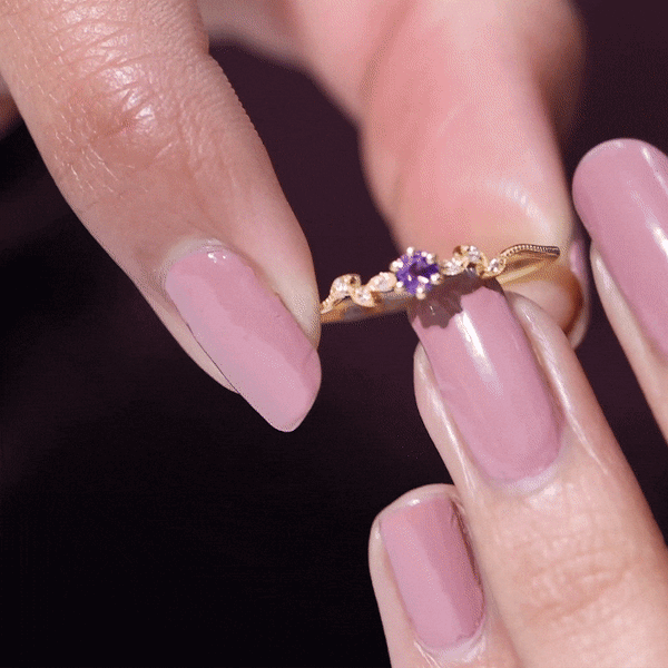 Amethyst and diamond leaf promise ring with beaded detailing from Rosec Jewels, showcasing intricate gemstone and metalwork.