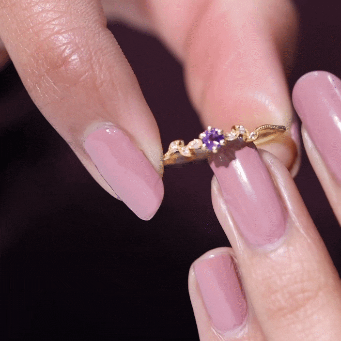 Amethyst and diamond leaf promise ring with beaded detailing from Rosec Jewels, showcasing intricate gemstone and metalwork.