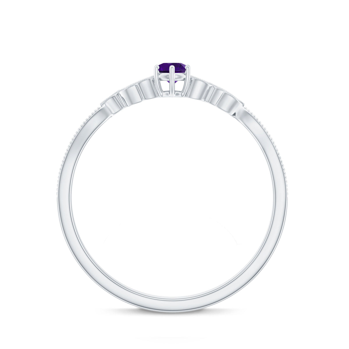 Amethyst and Diamond Leaf Promise Ring with Beaded Detailing