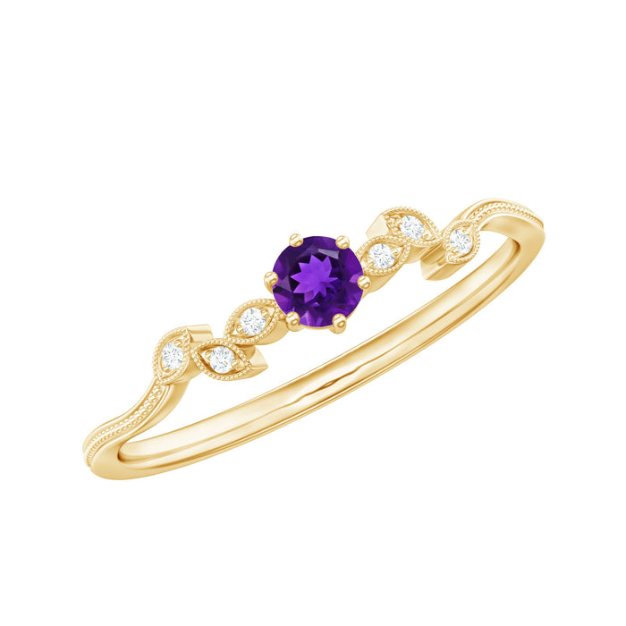 Amethyst and diamond leaf promise ring with beaded detailing by Rosec Jewels, showcasing intricate floral design and sparkling gemstones.