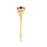 Amethyst and Diamond Leaf Promise Ring with Beaded Detailing