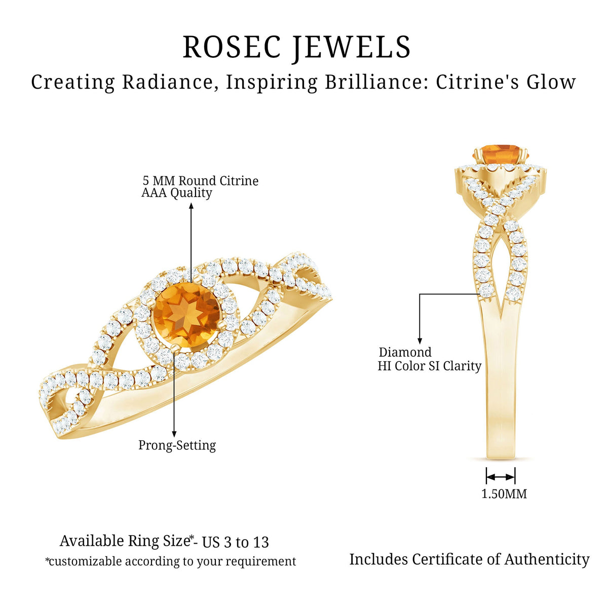 Natural Citrine Diamond Engagement Ring with Criss Cross Shank