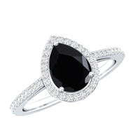 Natural Black Spinel Teardrop Engagement Ring with Diamond Halo