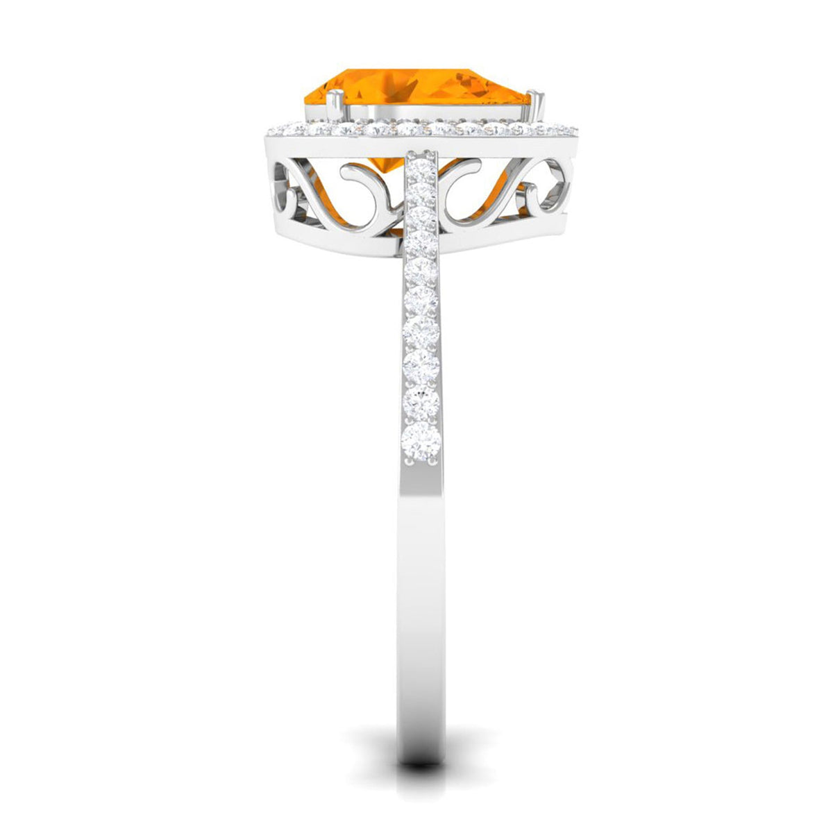 Real 0.6 carat fire opal teardrop engagement ring with diamond halo, featuring a rose gold band and intricate detailing.