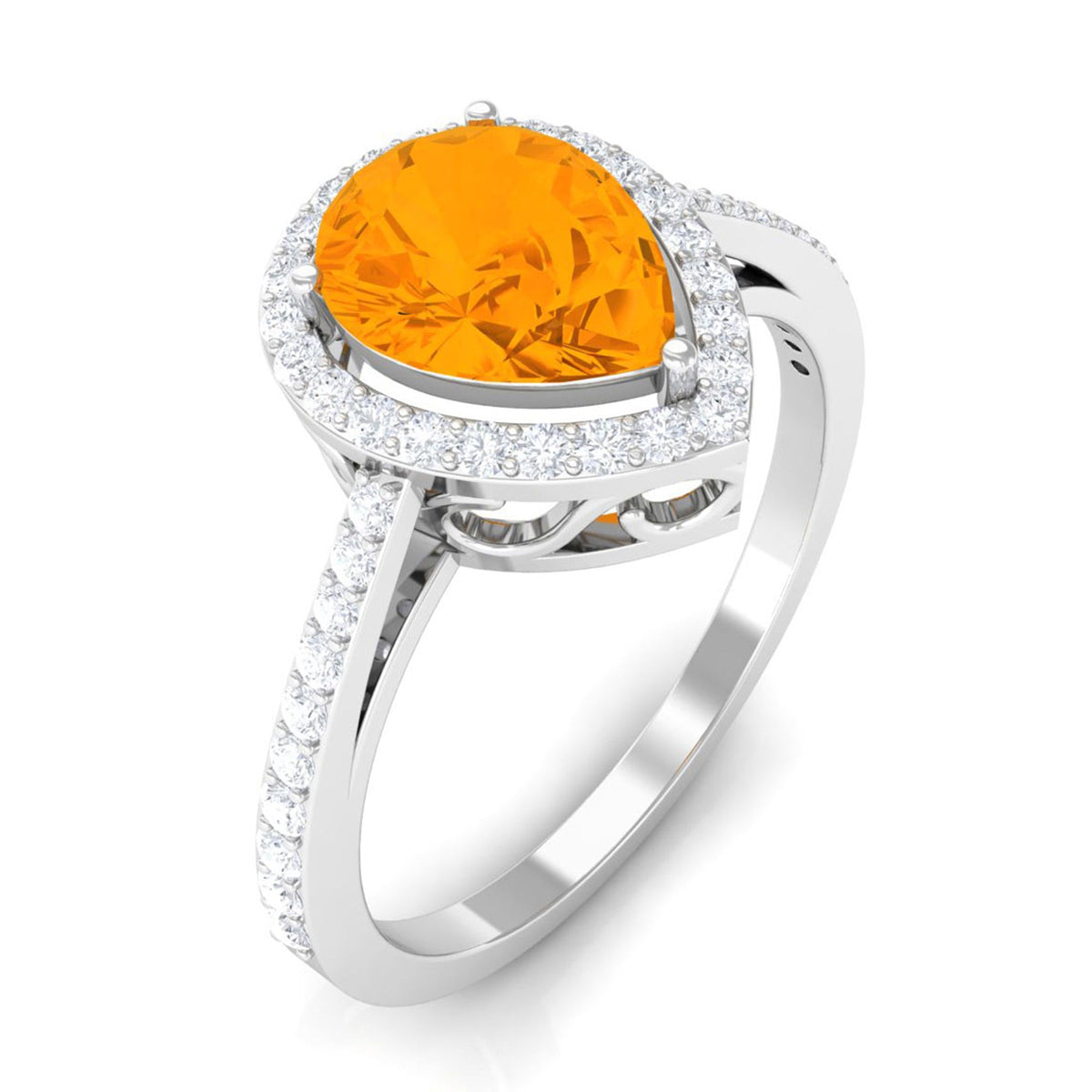 Real 0.6 carat fire opal teardrop engagement ring with diamond halo, set in a rose gold band, from Rosec Jewels.