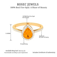 Real 0.6 Carat Fire Opal teardrop engagement ring with diamond halo by Rosec Jewels, featuring a sparkling fire opal centerpiece and elegant setting.