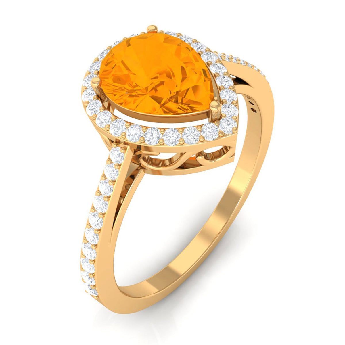 Real 0.6 carat fire opal teardrop engagement ring with diamond halo from Rosec Jewels, showcasing the detailed ring design.