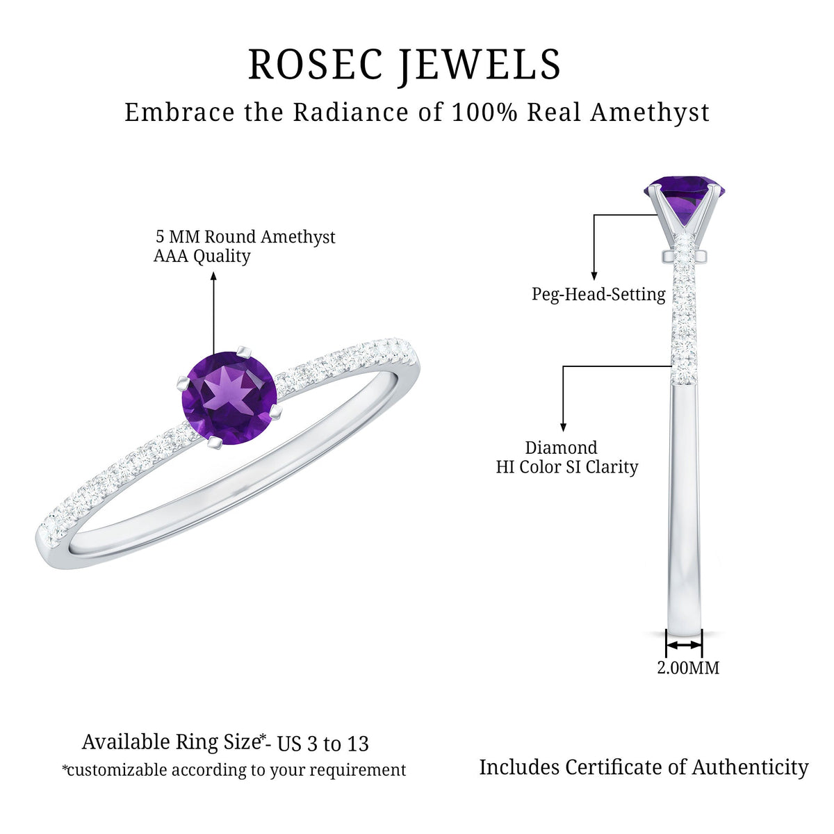Real Amethyst Promise Ring with Diamond for Women