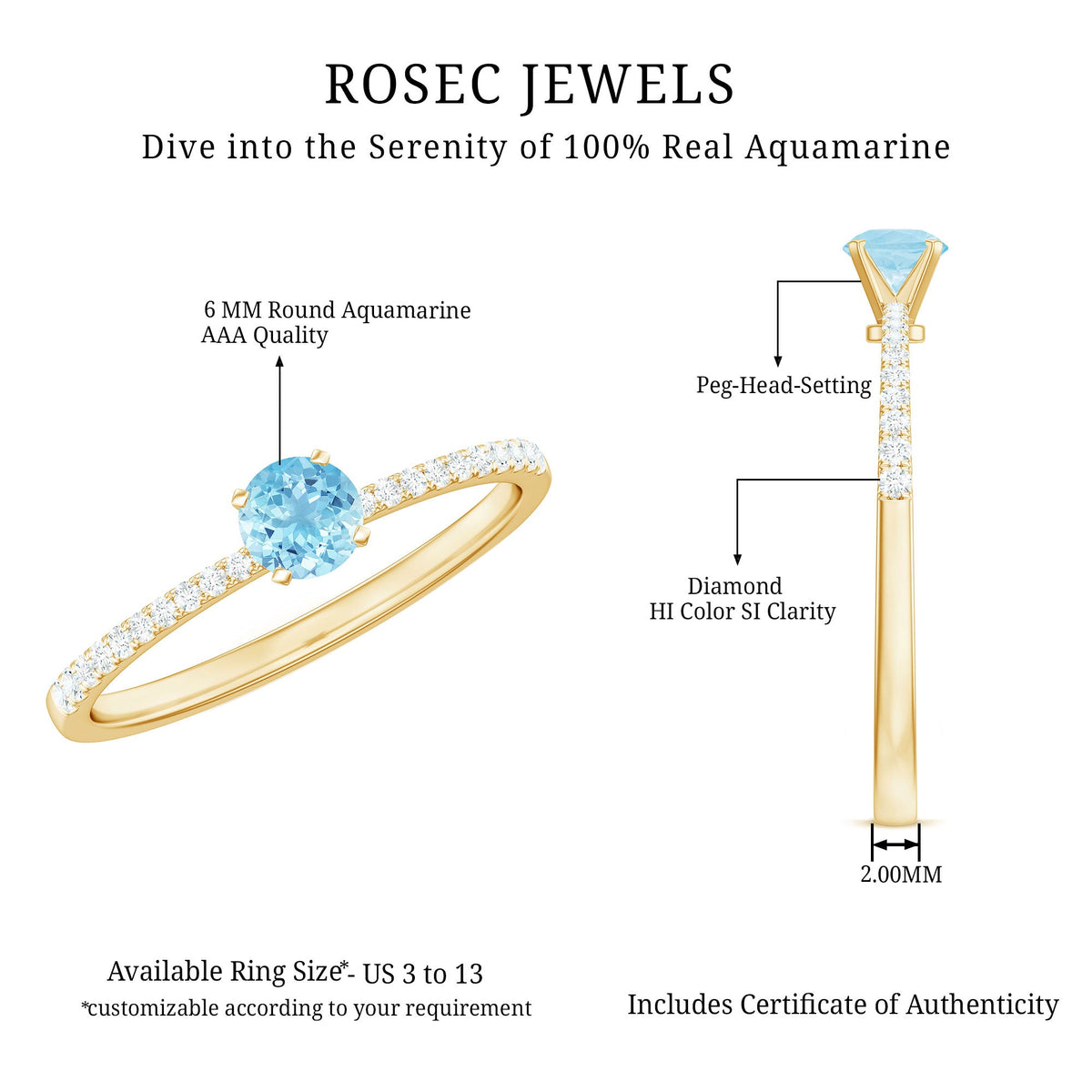 Natural Aquamarine Promise Ring with Diamond Side Stones