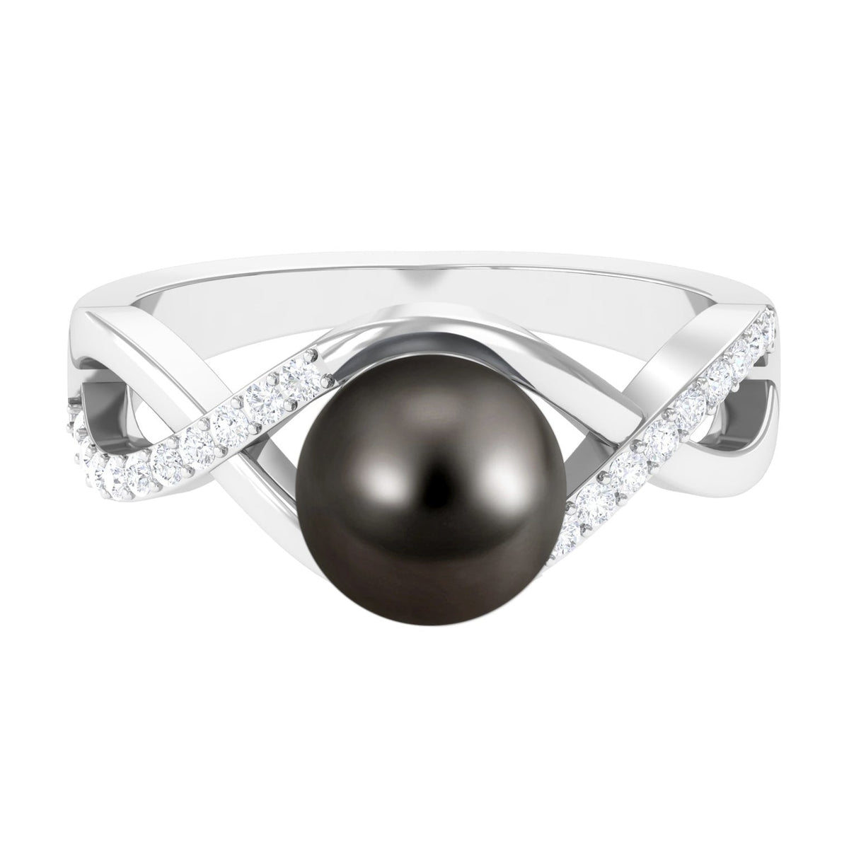 Tahitian Pearl and diamond infinity crossover engagement ring by Rosec Jewels featuring black pearl, white diamonds, and platinum band