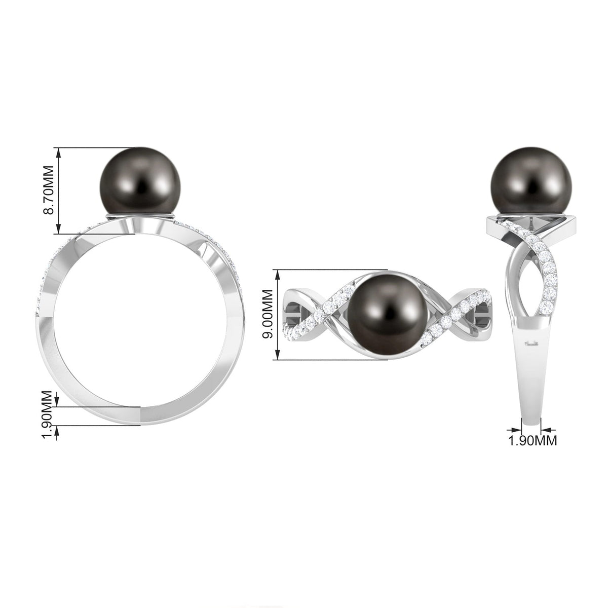 Tahitian pearl crossover diamond infinity engagement ring by Rosec Jewels featuring a central pearl and sparkling diamond accents.