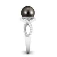Tahitian pearl crossover diamond infinity engagement ring by Rosec Jewels, featuring a pearl and sparkling diamonds on a silver band