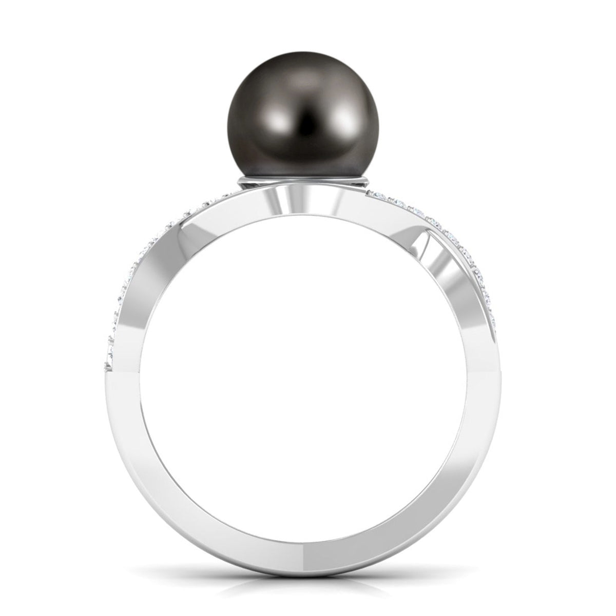 Tahitian pearl crossover diamond infinity engagement ring with rose gold band from Rosec Jewels, featuring a large central pearl.