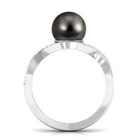 Tahitian pearl crossover diamond infinity engagement ring with rose gold band from Rosec Jewels, featuring a large central pearl.