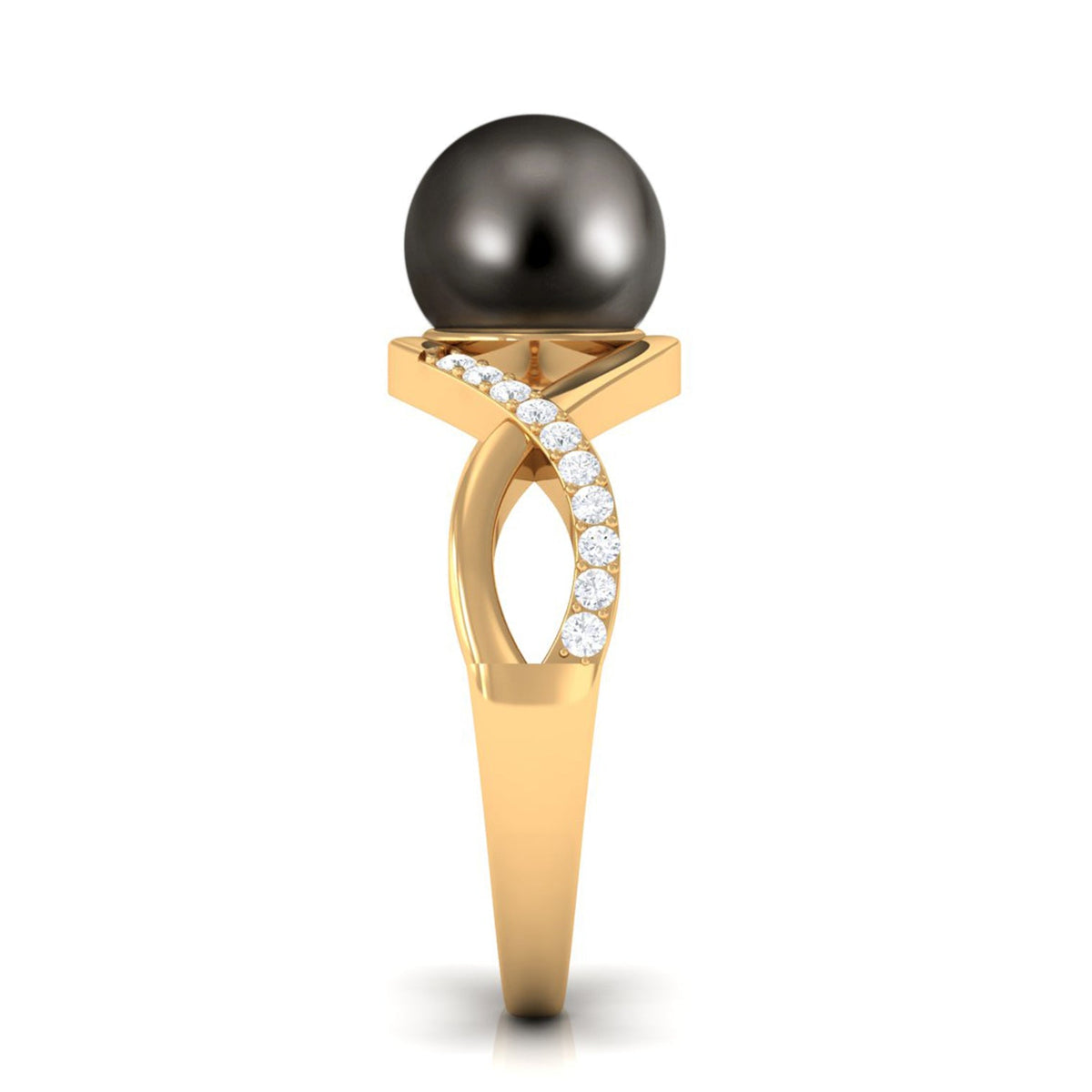 Tahitian pearl crossover diamond infinity engagement ring by Rosec Jewels featuring a black pearl and sparkling diamonds in a silver setting.