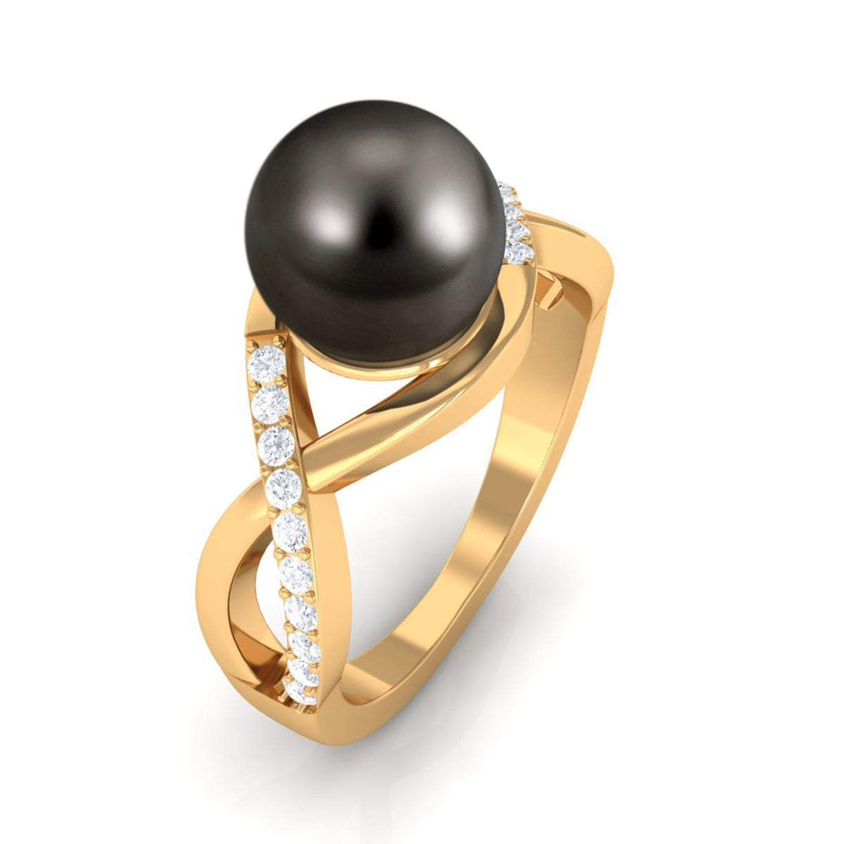 Tahitian pearl crossover diamond infinity engagement ring by Rosec Jewels featuring a pearl and sparkling diamonds in a sleek design.