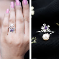 Cultured 3 Carat Freshwater Pearl Flower Ring with Amethyst