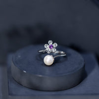 Cultured 3 Carat Freshwater Pearl Flower Ring with Amethyst