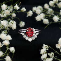 Oval Created Ruby Solitaire Wedding Ring Set with Diamond