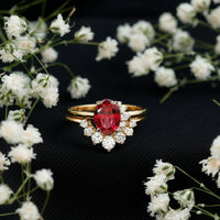 Oval Created Ruby Solitaire Wedding Ring Set with Diamond