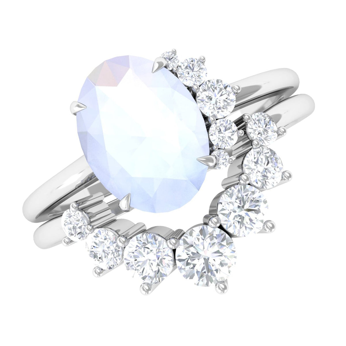 Rosec Jewels 1.25 CT moonstone and diamond engagement enhancer ring set with intricate band design and sparkling stones.