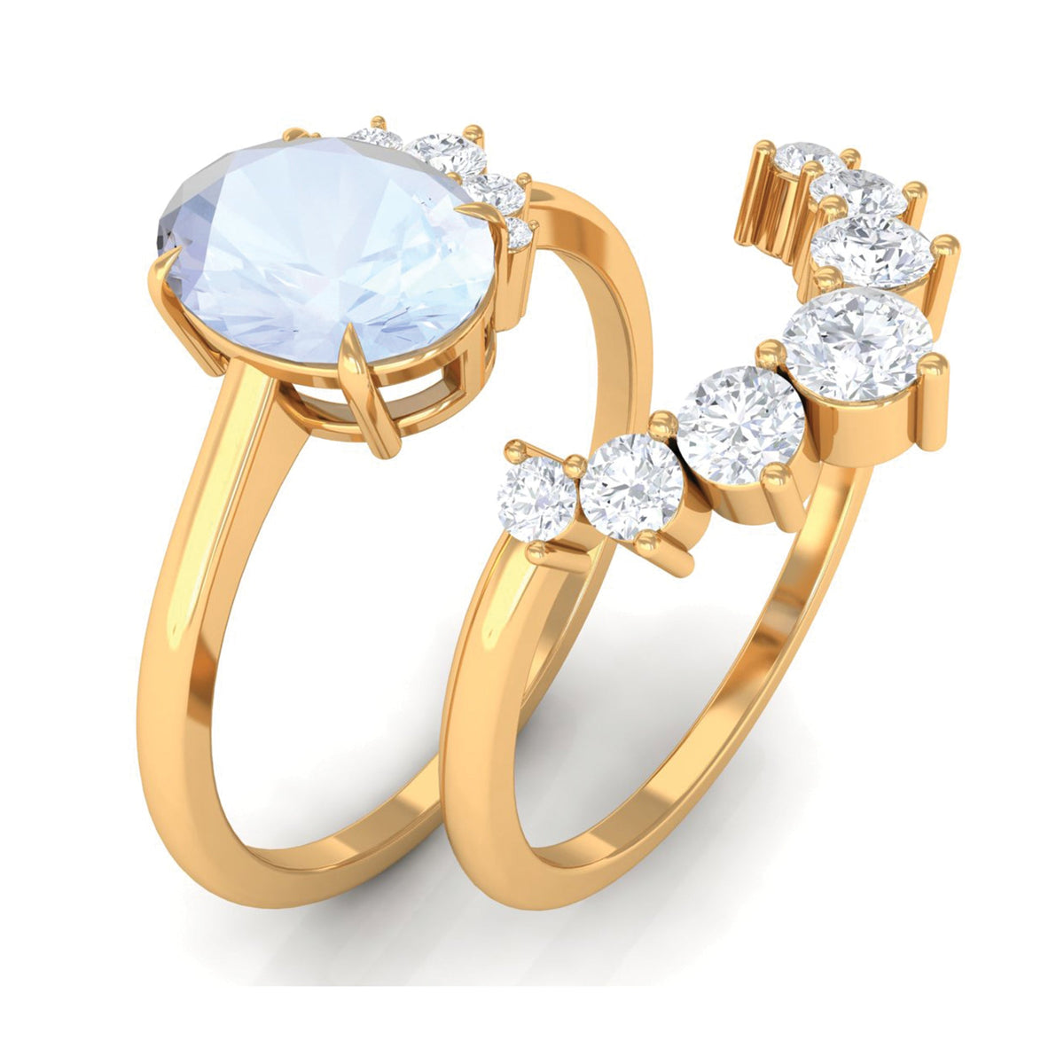 Rosec Jewels 1.25 CT moonstone and diamond engagement enhancer ring set, featuring a polished silver band and sparkling gemstones.