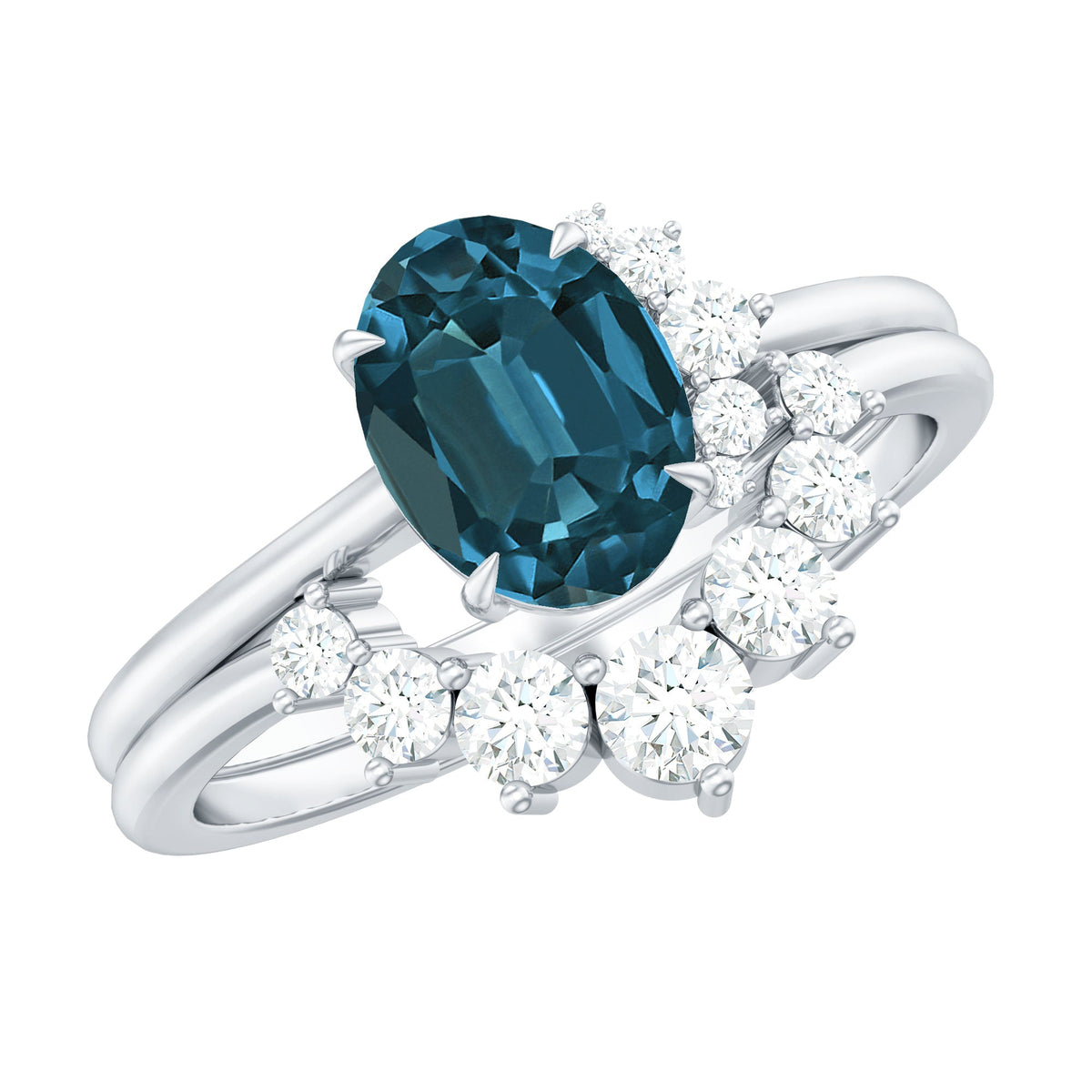 Oval London Blue Topaz and diamond designer ring set featuring intricate metalwork and sparkling gemstones, crafted by Rosec Jewels.