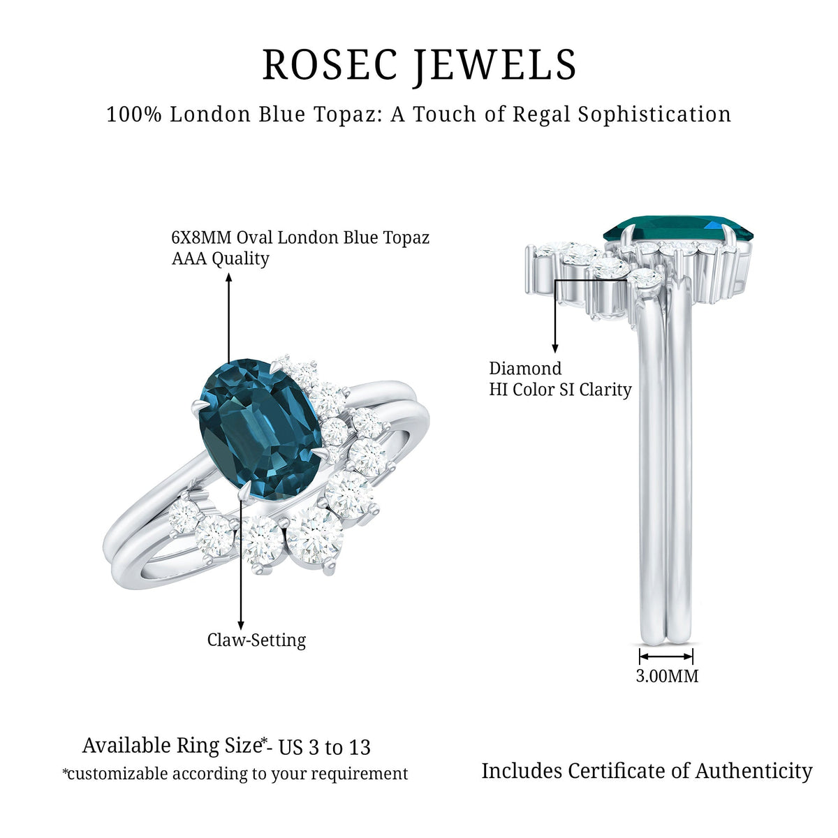 Oval London Blue Topaz and Diamond designer ring set by Rosec Jewels, featuring elegant gemstone and sparkling diamond accents.
