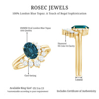 Oval London Blue Topaz and Diamond designer ring set featuring intricate details and sparkling gemstones by Rosec Jewels.