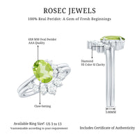 Oval 1 Carat Peridot engagement ring with diamond wedding band, showcasing the sparkling gemstones and elegant rose gold setting.